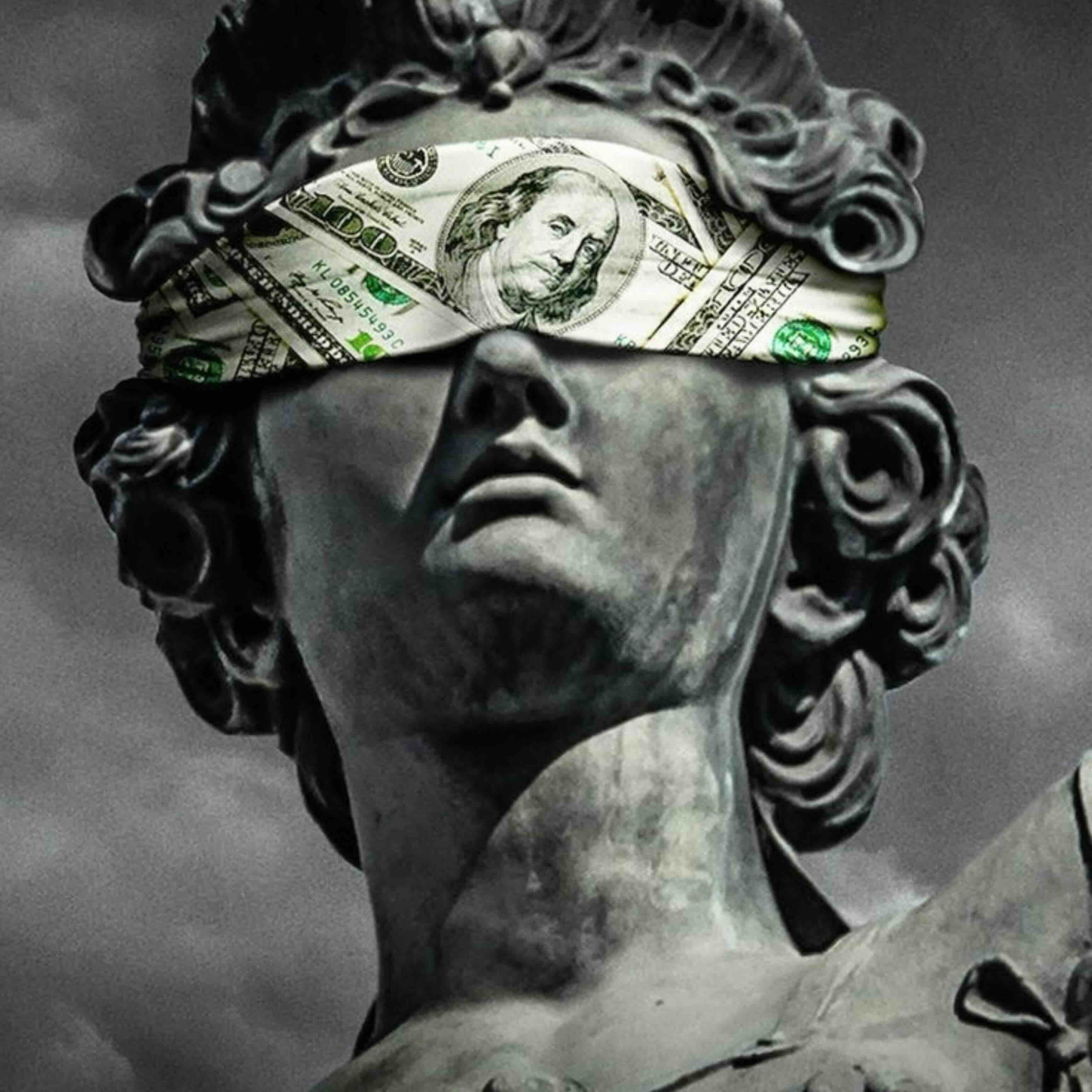 Classical statue with money blindfold